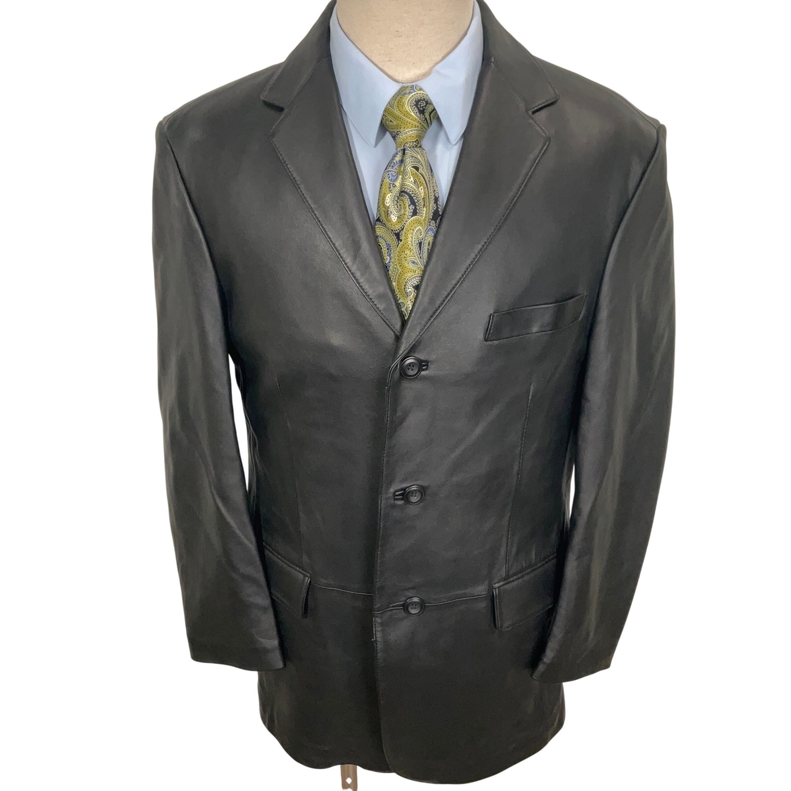 Stafford Leather Blazer Mens Medium Black 3 Button Luxury Matrix Goth Jacket